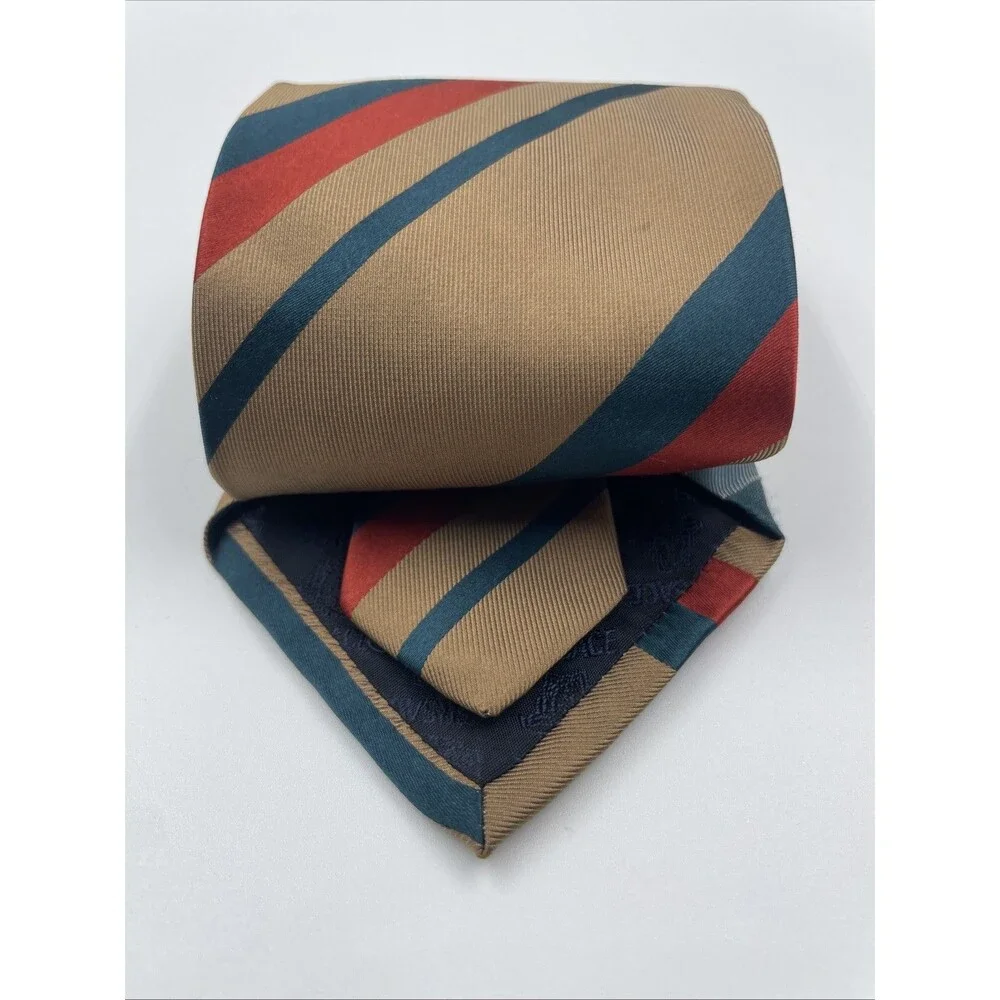 Gianni Versace Tie Men's 100% Silk Gold Brown W Red Blue Stripes Made in Italy
